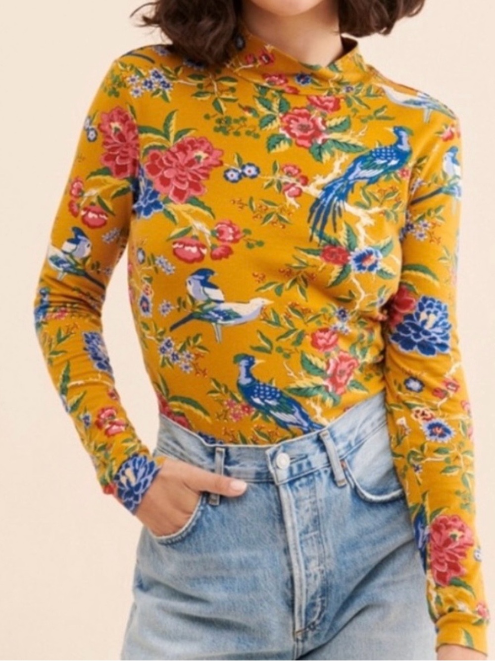 Maeve By Anthropologie Gold Floral With Birds Long Sleeve Mockneck Top NWT‎
